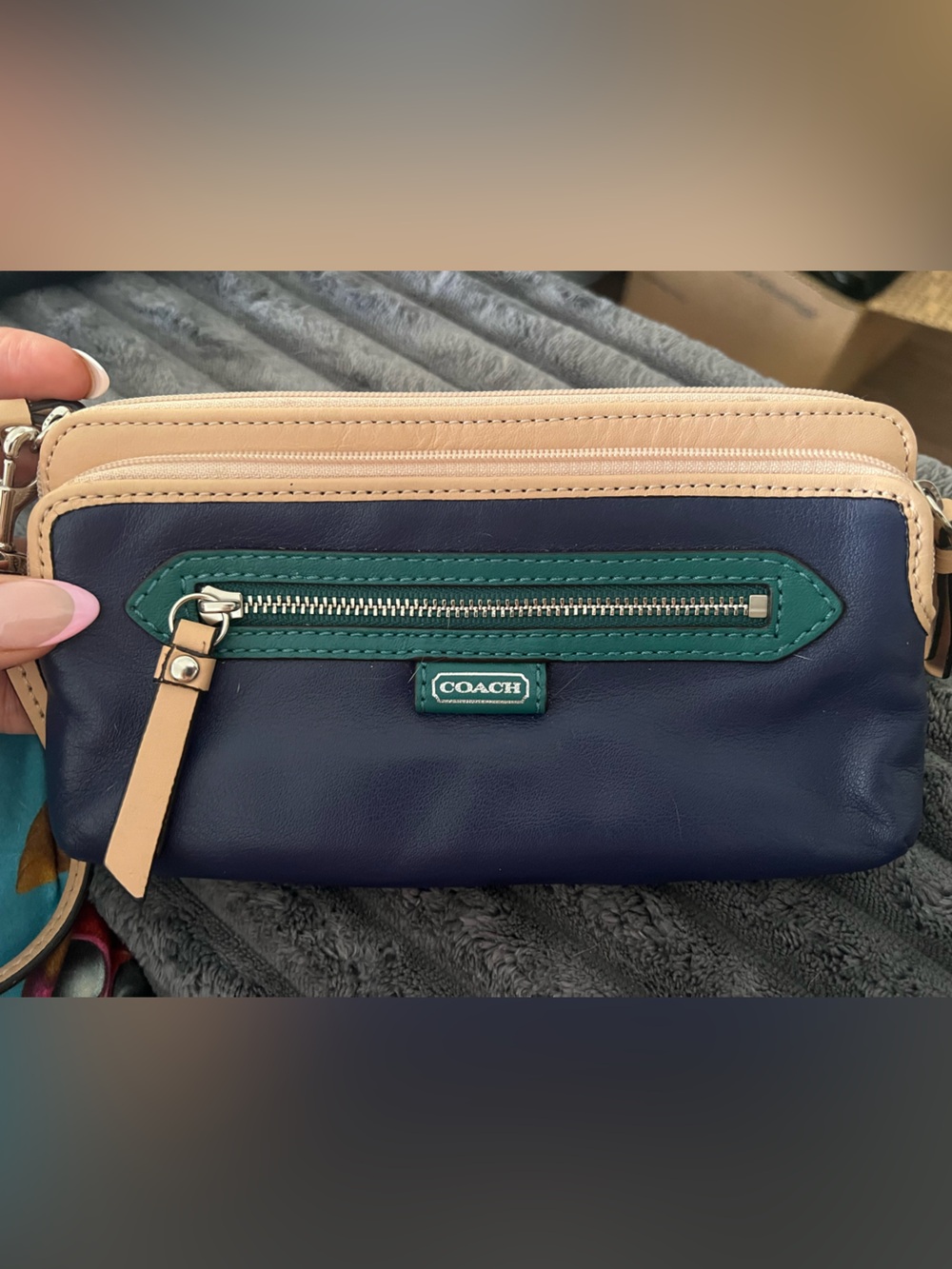 Coach Navy Wristlet with Beige Trim